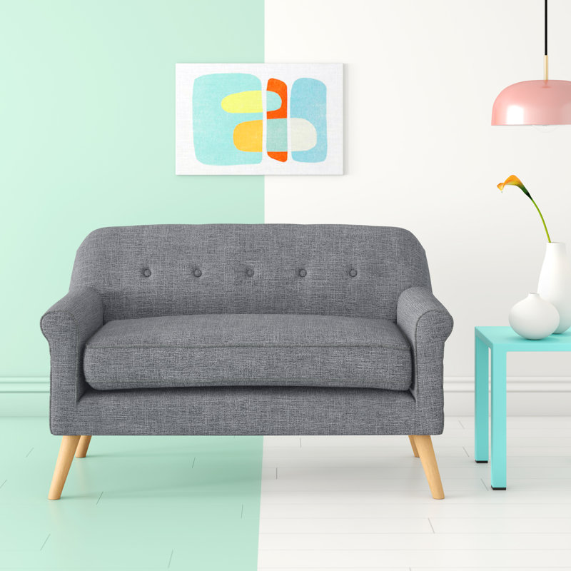 Gray Tufted Fabric Loveseat with Birch Wood Legs