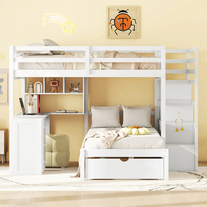 Lit superposé double au-dessus de simple avec bureau, tiroirs et tablettes, Blanc
