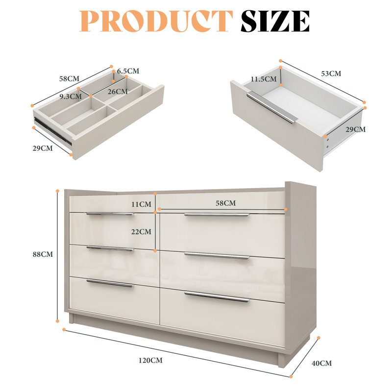 120 cm W Chest of 8 Drawers, Cream