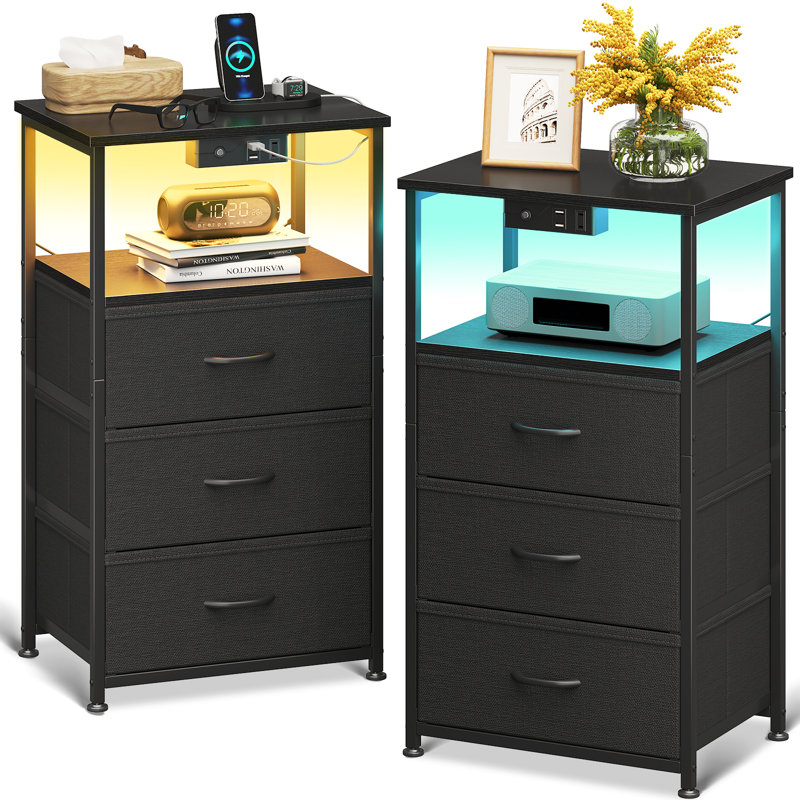 Nightstand With 3 Fabric Drawers,modern Bedside Table With Power Outlets,everyday Side Table With Led Light Strip,end Table With A Large Storage Shelf(2 Set)