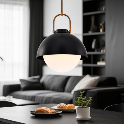 1-light Matte Black & Antique Brass Metal Modern Pendant Light Fixture with Opal Glass Shade for Dining Room or Kitchen Island