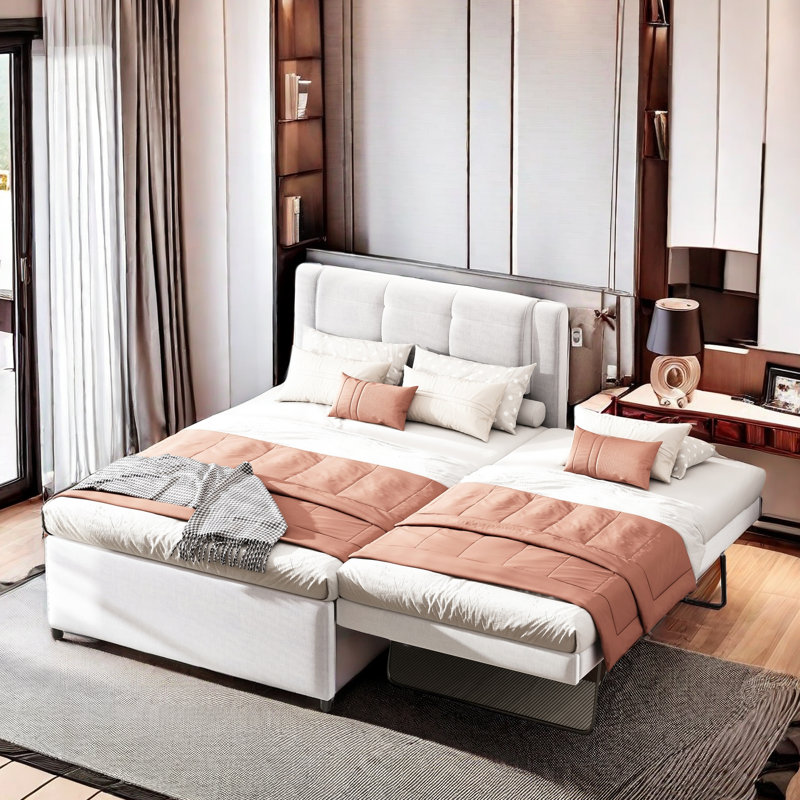 Castries Upholstery Platform Bed with Multifunctional Trundle, Beige