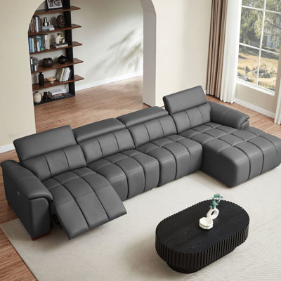 4 Seats Wall - Genuine Leather Reclining With Construction, Soft Sponge Filling, And Functional Design Modern Electric Control L Shaped Couch Adjustable , Retractable Footrest Comfortable Seating