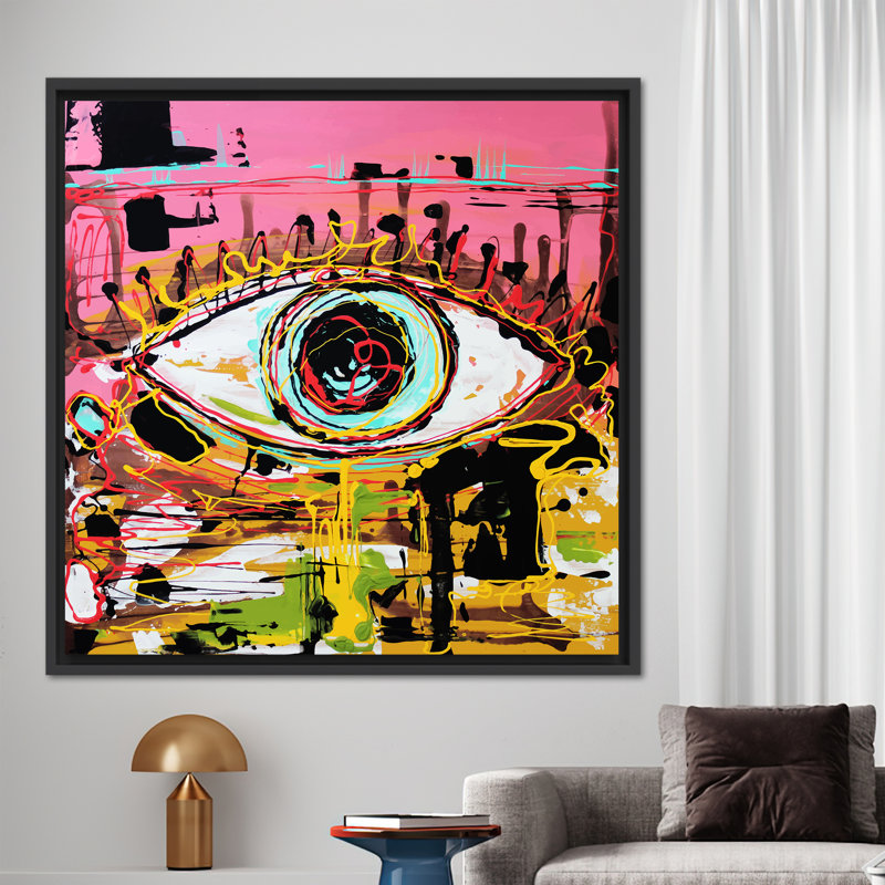 «Vibrant Graffiti Eye» sur toile, œuvre d'art abstraite unique pour un décor moderne, Noir, H 53 po x l 53 po
