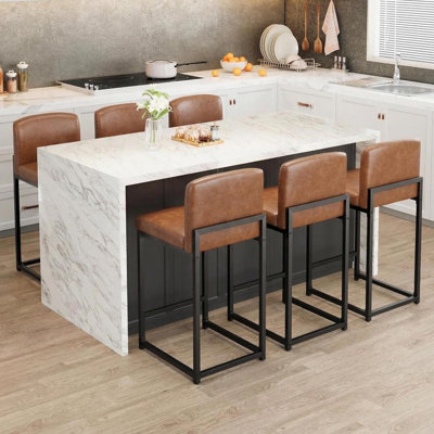 Ensemble de 6 tabourets de bar modernes, tabourets de bar à hauteur de comptoir en cuir synthétique avec dossier, chaises de bar rembourrées pour îlot de cuisine et bar pour la maison, structure en métal, brun