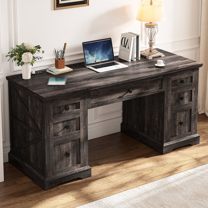 55'' Dark Rustic Oak Executive Desk with Power Outlet and USB Port
