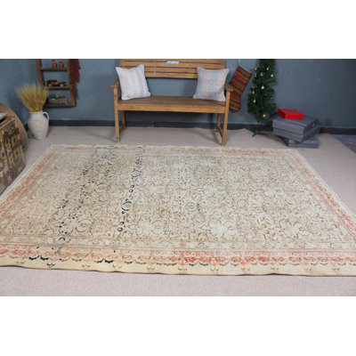 Grand tapis turc rétro à motif floral beige pour un cadeau de décoration de salon unique