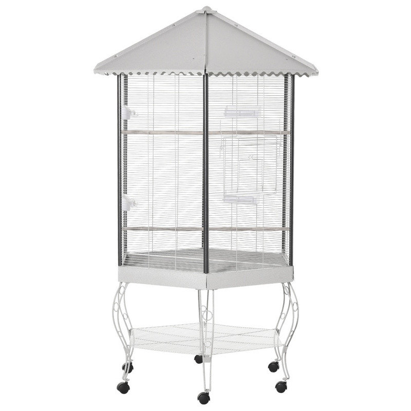 Cage à oiseaux hexagonale de 77 pouces avec auvent couvert, volière portable et espace de rangement intégré