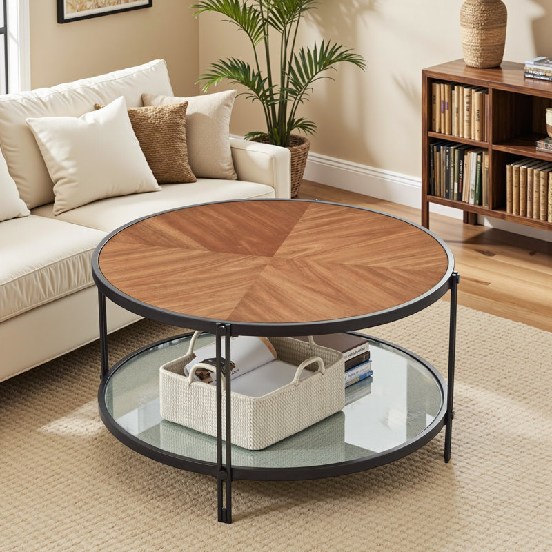 Round Coffee Table with Glass Top, 2-Tier Reversible Shelf Design and Metal Frame, Black