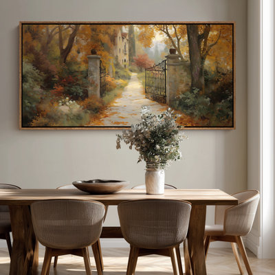 Extra Large Elegant Estate Garden Path with Open Iron Gates Autumn Trees Timeless Countryside Print Wall Art