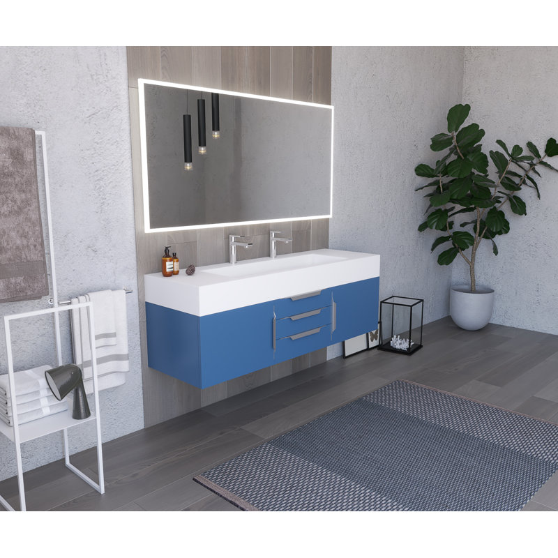 Nile 60" Wall-Mounted Single Bathroom Vanity Set, White, Blue, Brushed Nickel