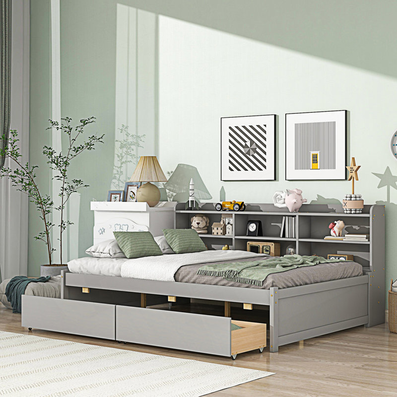 Full Bed With Side Bookcase And Drawers, Modern Bed Frame