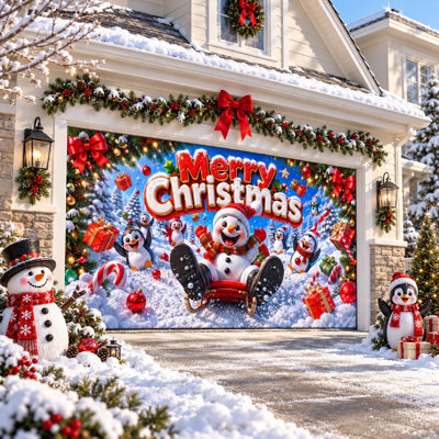 Joyful Snowman Christmas Garage Door Banner Cover