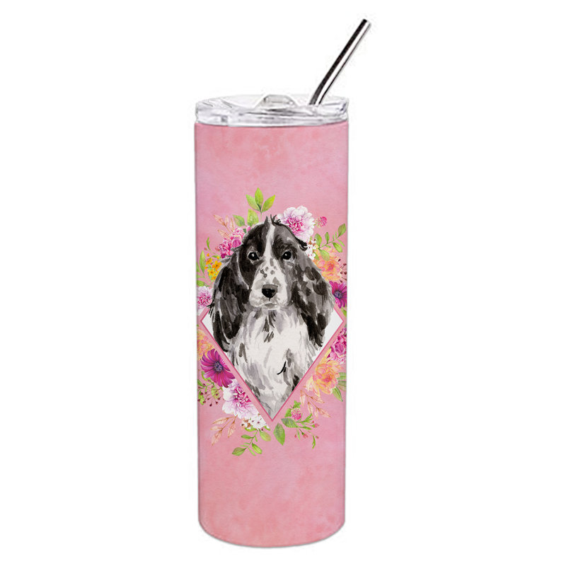 E23BF9F8391D466E9CA4F8DFEBD9A7DB de verre 20 oz à double paroi en acier inoxydable chiot, Cocker spaniel anglais noir, Rose