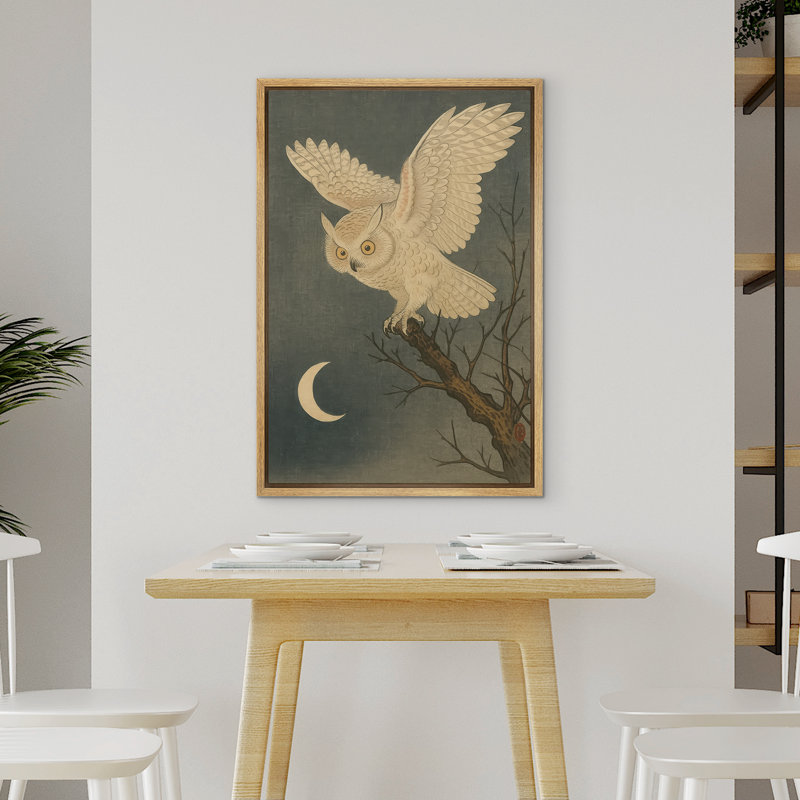 Chouette blanche sur une branche d'arbre avec croissant de lune, reproduction d'art sur toile encadrée, Naturel