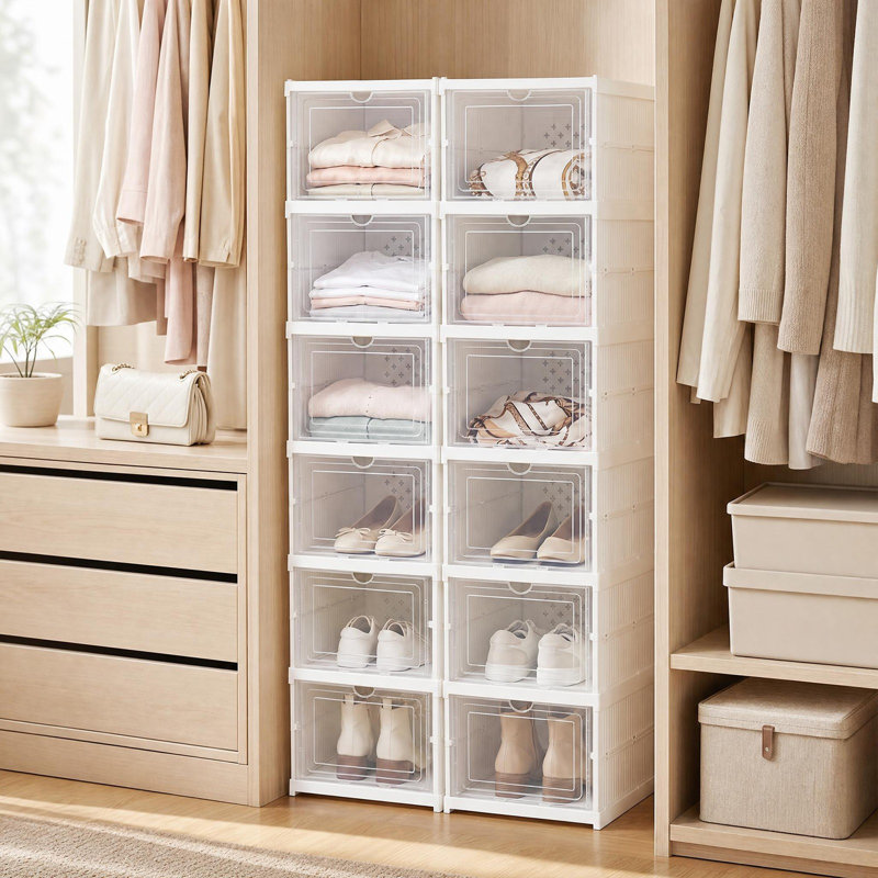 Ensemble de rangement à chaussures à 6 niveaux avec 2 boîtes pliantes pour chaussures et porte-chaussures blanc et transparent