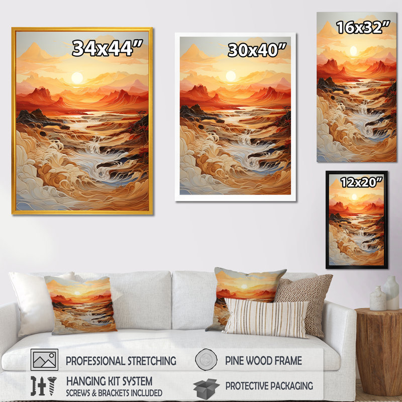 «Orange Bold Waterfall Sunrise I», art mural abstrait, Cadre flottant noir, H 32 po x l 24 po x P 1 po