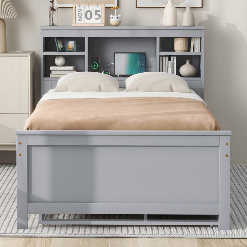 Platform Bed With Storage Headboard, USB, Twin Size Trundle And 3 Drawers, Grey, Twin