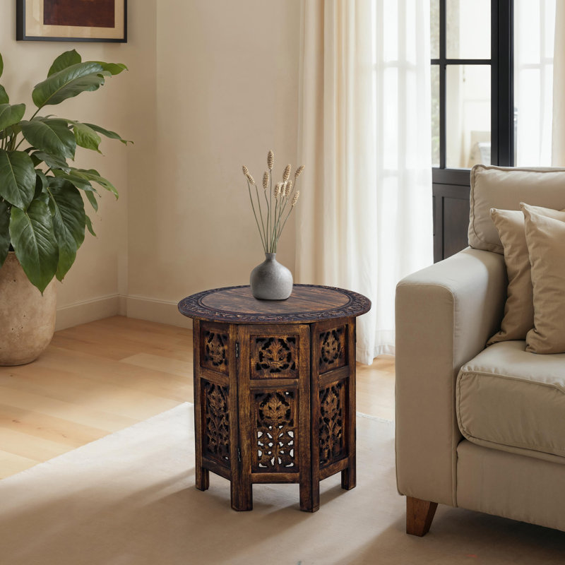 Jolene 18 Inch Mango Wood Folding Accent Table, Hand Carved, Walnut Brown