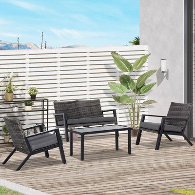 Ensemble de meubles de patio 4 pièces, 2 chaises en osier PE, canapé-causeuse, table basse d'extérieur, coussins moelleux, canapé et fauteuils pour la cour, le jardin, le noir, la chaise