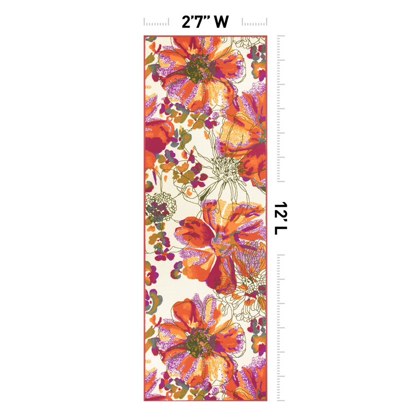 Florentia Floral Tufted Orange/Pink/Ivory Non-Slip Rubberback Area Rug, Runner 2'7" x 12'