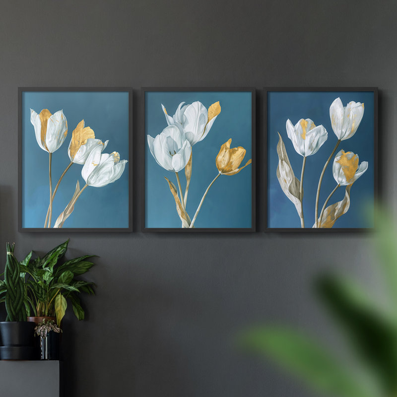 Floral Study Series XLV -Set de 3 estampes numériques giclées -Prêt à accrocher, Cadre noir, H 20 po x l 16 po