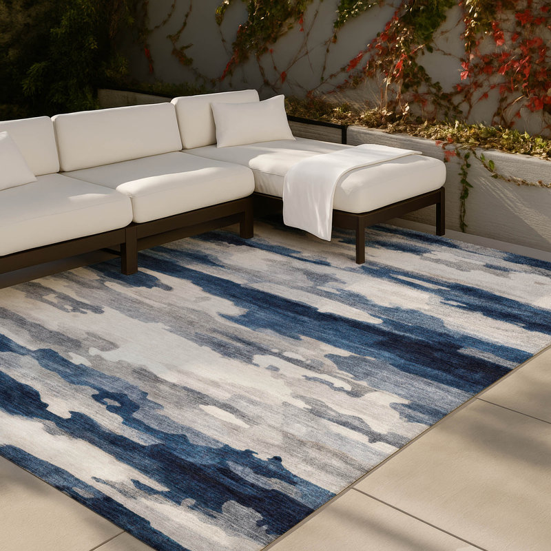 Tapis abstrait lavable à la machine intérieur / extérieur ACN2876, Bleu, 10 pi x 14 pi