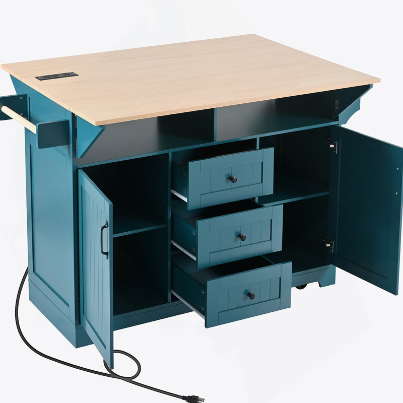 Grand îlot de cuisine 55,7 po avec 2 abattants, chariot de cuisine roulant sur 5 roulettes avec prise de courant, table de salle à manger pliante avec porte-épices et porte-serviettes, 3 tiroirs, pour la cuisine, la salle à manger, vert