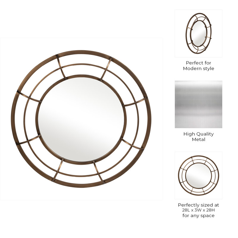 Modern Metal and Glass Wall Mirror with Openwork Frame - Contemporary Round Decorative Accent., Gold 