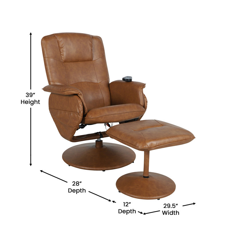 Massaging Multi-Position Recliner with Deep Side Pockets and Ottoman with Wrapped Base, Brown