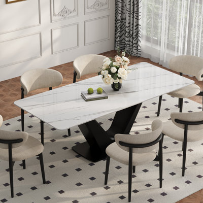 71'' Luxury Rectangular Dining Table - Faux Marble Top with Black V-Shaped Carbon Steel Base, Contemporary Kitchen Table for Dining Room
