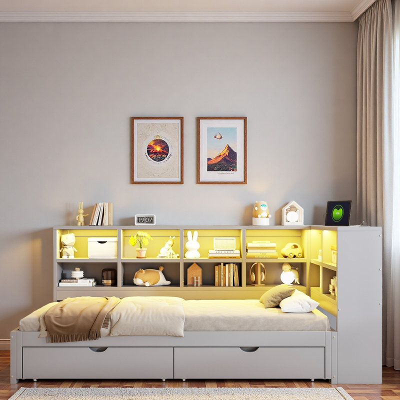 Lit de jour moderne avec 2 tiroirs de rangement, armoires de rangement, lumière DEL et ports USB, Gris