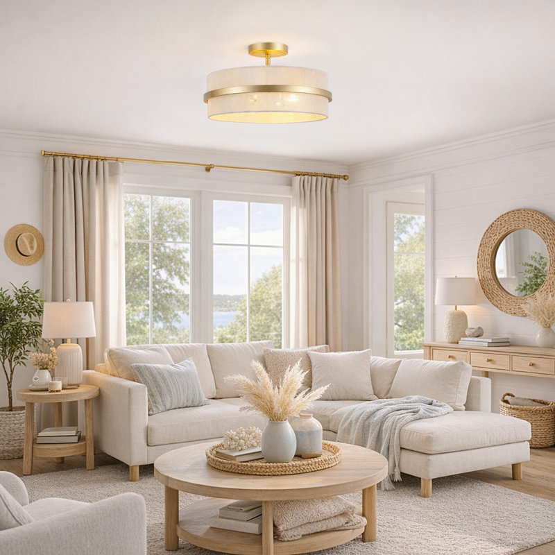 15.7" 3-Light Rope Semi Flush Mount Ceiling Light, Gold, Beige