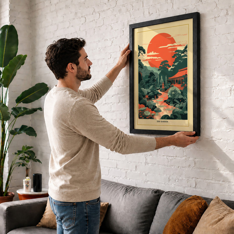 Japanese Garden at Sunset Japandi - Framed Print, Black, A3 - 42.0 x 29.7 cm