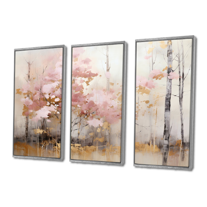 Minimalisme, forêt rose et or - ensemble d'art mural sur toile forêt, H 28 po x l 36 po x P 1 po, Encadrement argenté