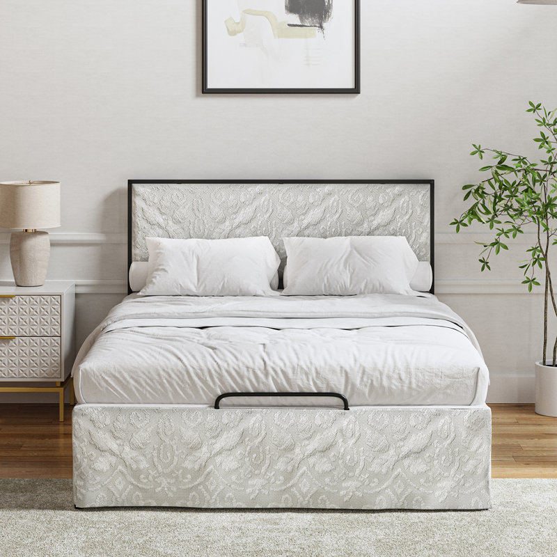 Neilius Upholstered Platform Bed with Washable Slipcover, Queen, Pattern White