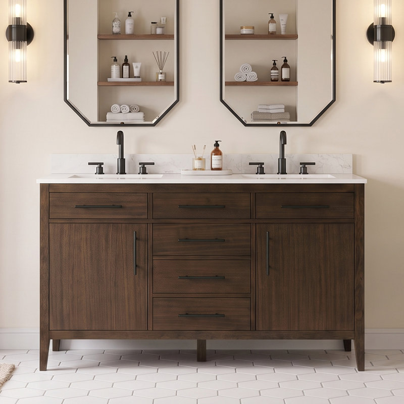 Meuble-lavabo autoportant de 140 cm avec lavabo en céramique et dosseret., Brown