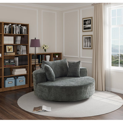 Chenille Round Accent Chair With 360 Degree Swivel Metal Base