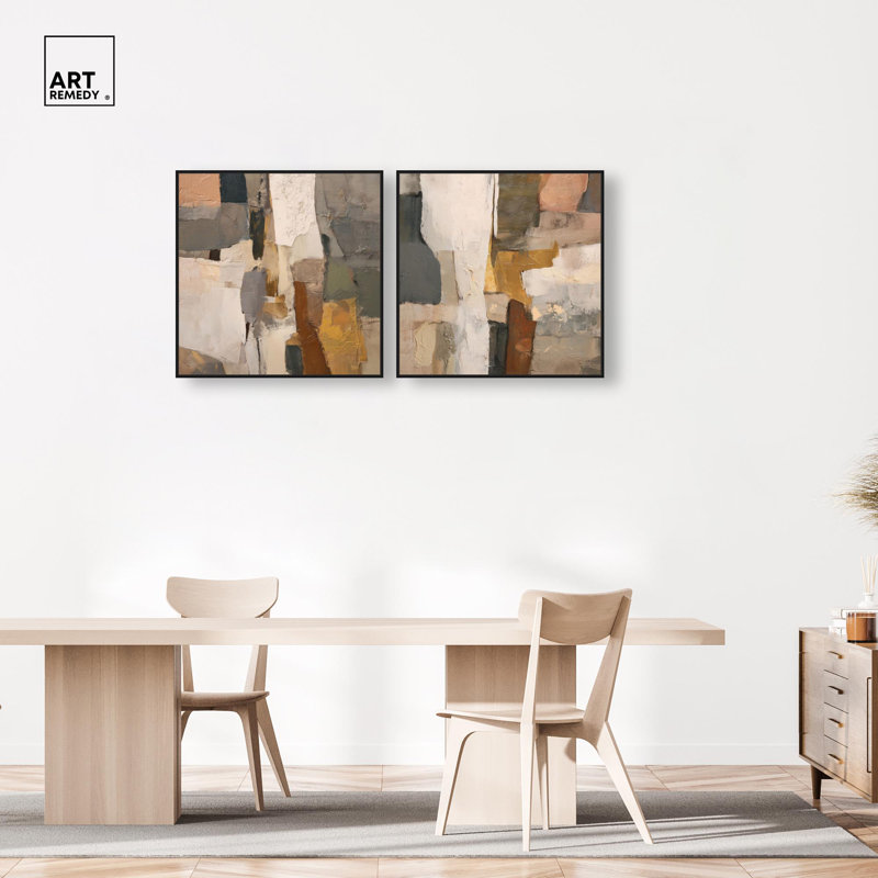 Patchwork Plains Set Canvas Print Beige Wall Decor Set by Art Remedy, Black Frame, 12 x 12, H 31 po x l 31 po, Black Frame