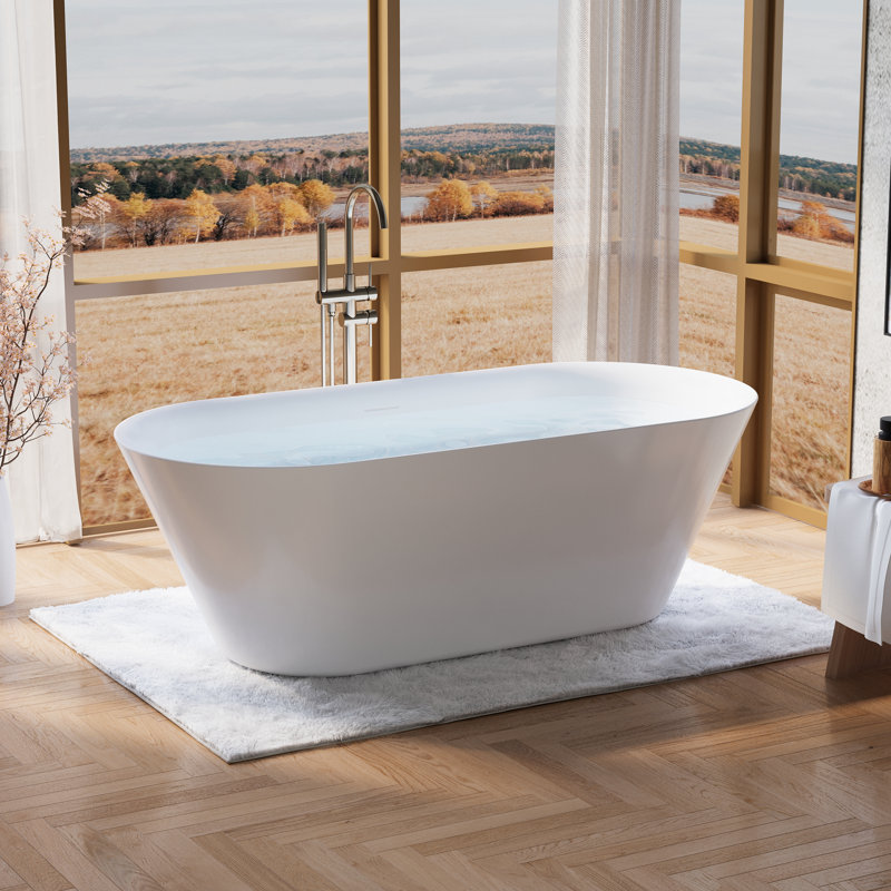 71 po, baignoire autoportante 77 gallons, 100% acrylique vierge pur avec drain et trop-plein, blanc brillant