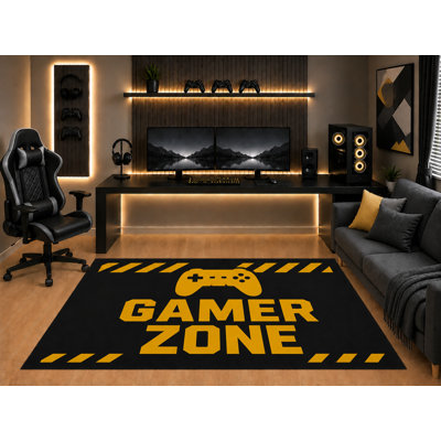 "Ultra Light Weight" 5' x 7' Gamer Zone Area Rug Black Gold Controller Graphic for Boys Teen Bedroom Gaming Room Playroom Non-Slip Silicone Backing Low Pile
