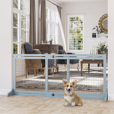 Pawhut 72" W X 27.25" H Extra Wide Freestanding Pet Gate With Adjustable Length Dog, Cat, Barrier For House, Doorway, Hallway, Blue-Grey