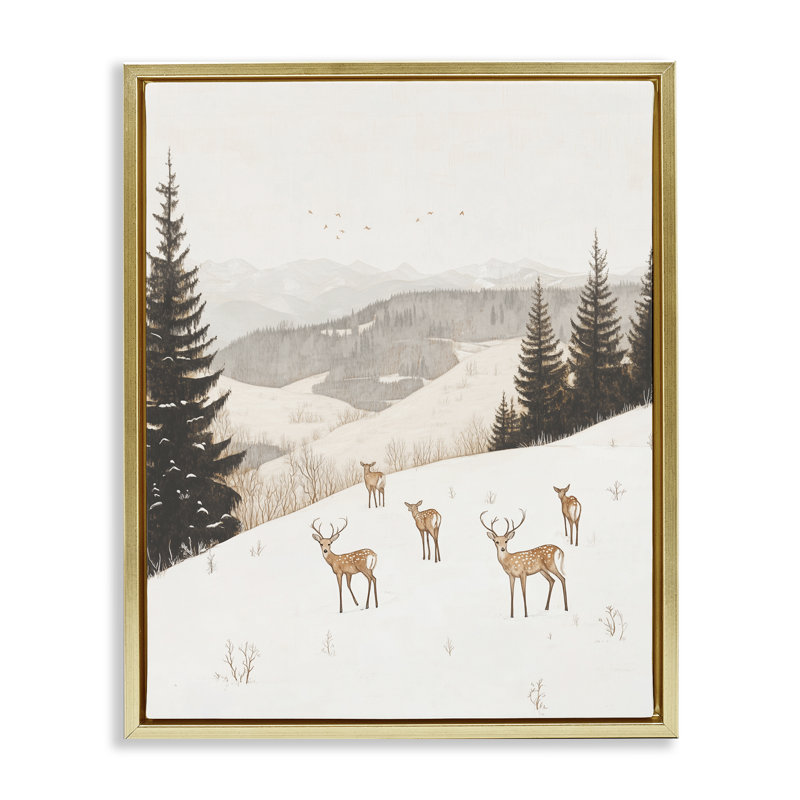 Cadre flottant Winter Deer Mountain View, design par Arlington Prints, H 31 po x l 25 po, Cadre flottant métallique doré