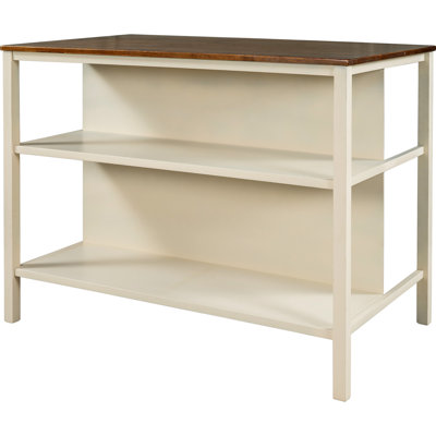TOPMAX Solid Wood Rustic 45" Stationary Kitchen Island, Rubber Wood Butcher Block Dining Table Prep Table With 2 Open Shelves For Small Places,Walnut+