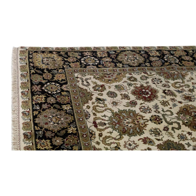 Tapis oriental noir / blanc / ivoire en laine tissé à la main 9 pi x 12 pi 8 po Rectangle