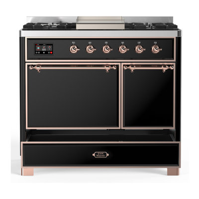 Cuisinière à double combustible de 40 pouces avec 6 brûleurs scellés et plaque chauffante Majestic III Series en noir brillant (propane liquide, garniture en cuivre)