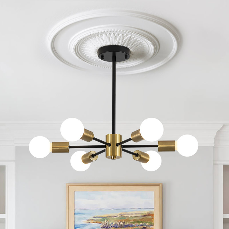 Mid-Century Modern 6-Light Iron Sputnik Semi Flush Mount Ceiling Light, Matte Black/Brass