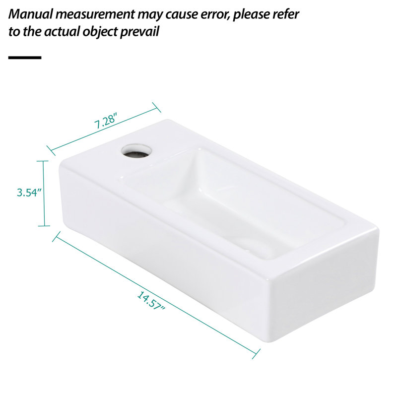 White Ceramic Rectangular Bathroom Wall Mount Sink - 14.57X7.23 Inch, Stain-, Low Water Absorption, Acid , Modern Fascinating With Faucet Hole Inch Rectangular, Stain Absorption Characteristic,