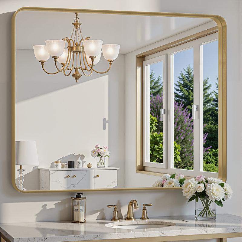 Lunara 1.18" Deep Rounded Corner Rectangular Bathroom Wall Mirror with Premium Tempered Glass & Aluminum Alloy Framed, Gold