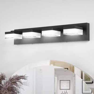 Éclairage de salle de bain à 4 lumières à intensité variable avec abat-jour en acrylique, barre de salle de bain à DEL noire